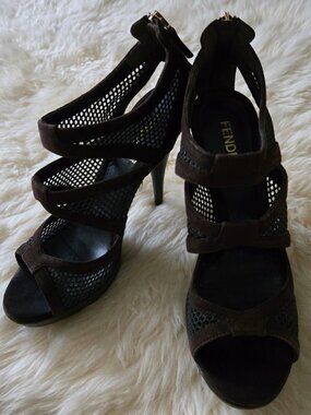 Fendi Suede Mesh Open Toe Heels Brown SZ 36.5 (6.5)